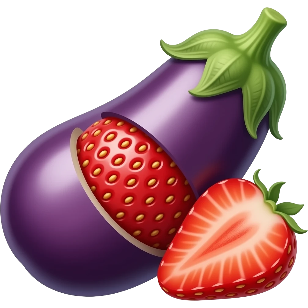Eggplant inside sliced strawberry emoji