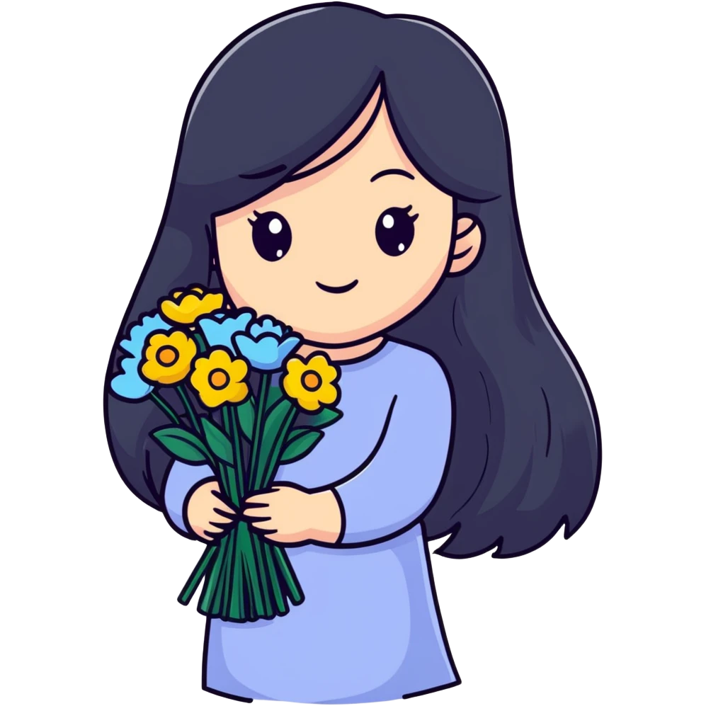 beautiful girl with long black hair holding a bouquet of flowers emoji