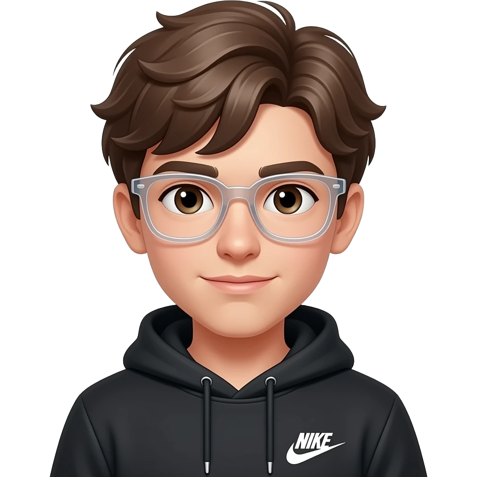Crea un ragazzo di 13 anni,serio che indossa gli occhiali finti trasparenti,ha i capelli leggermente mossi e con una felpa nike nera emoji