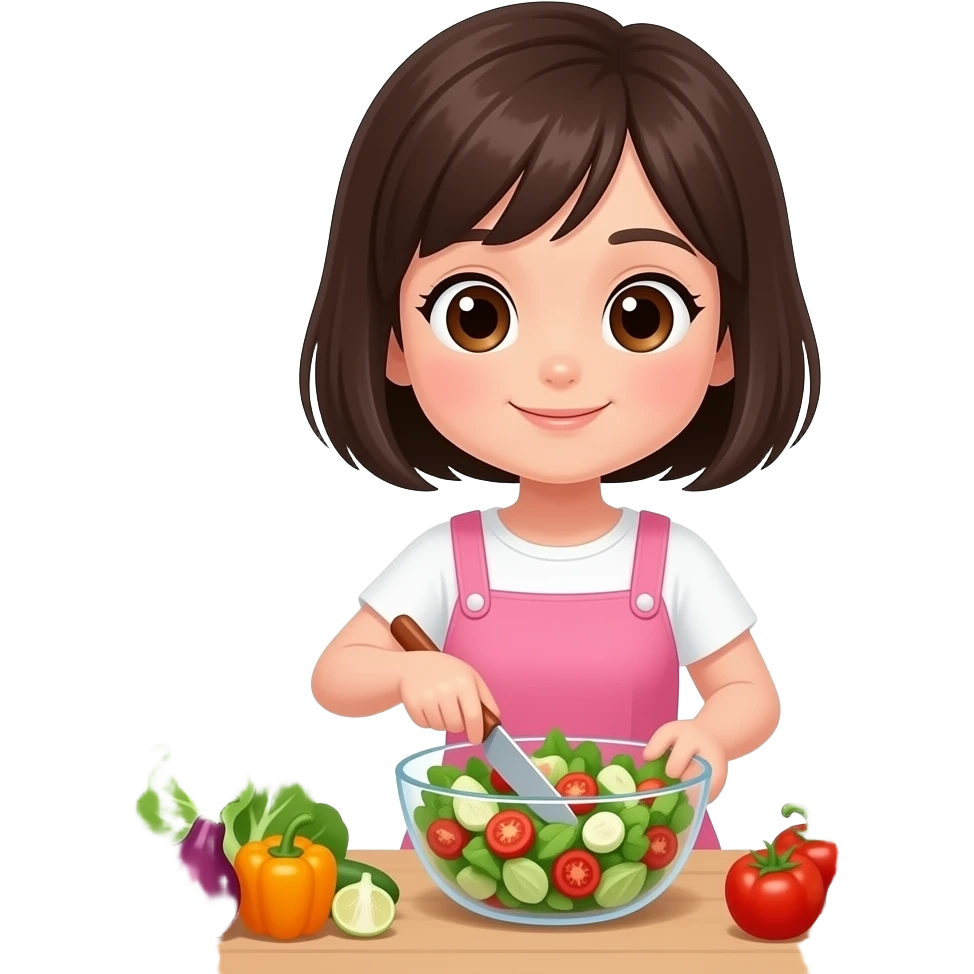 chica de cabello oscuro y corto, con ojos color cafe, con vestido color rosa, haciendo el almuerzo una ensalada de vegetales emoji