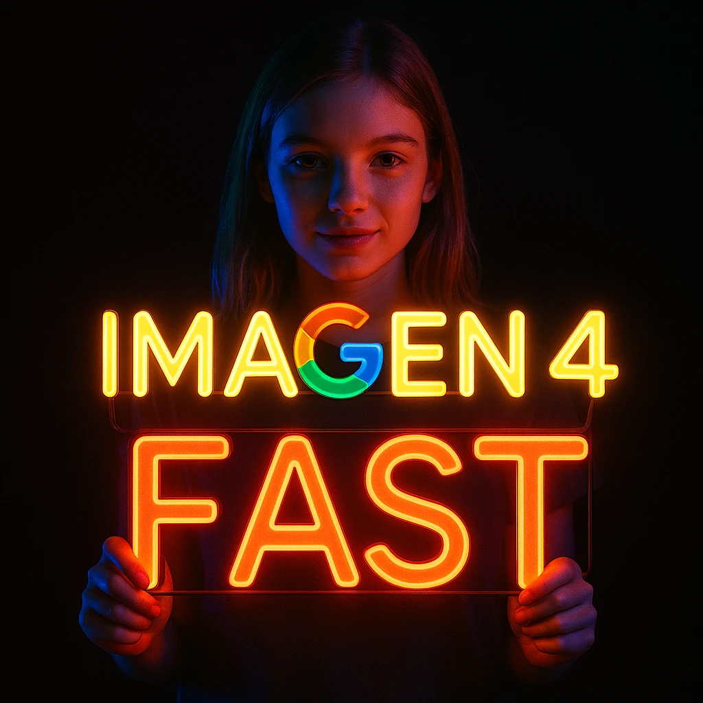 make a girl holding this sign, but sign in made of neon, also add fast below the sign emoji