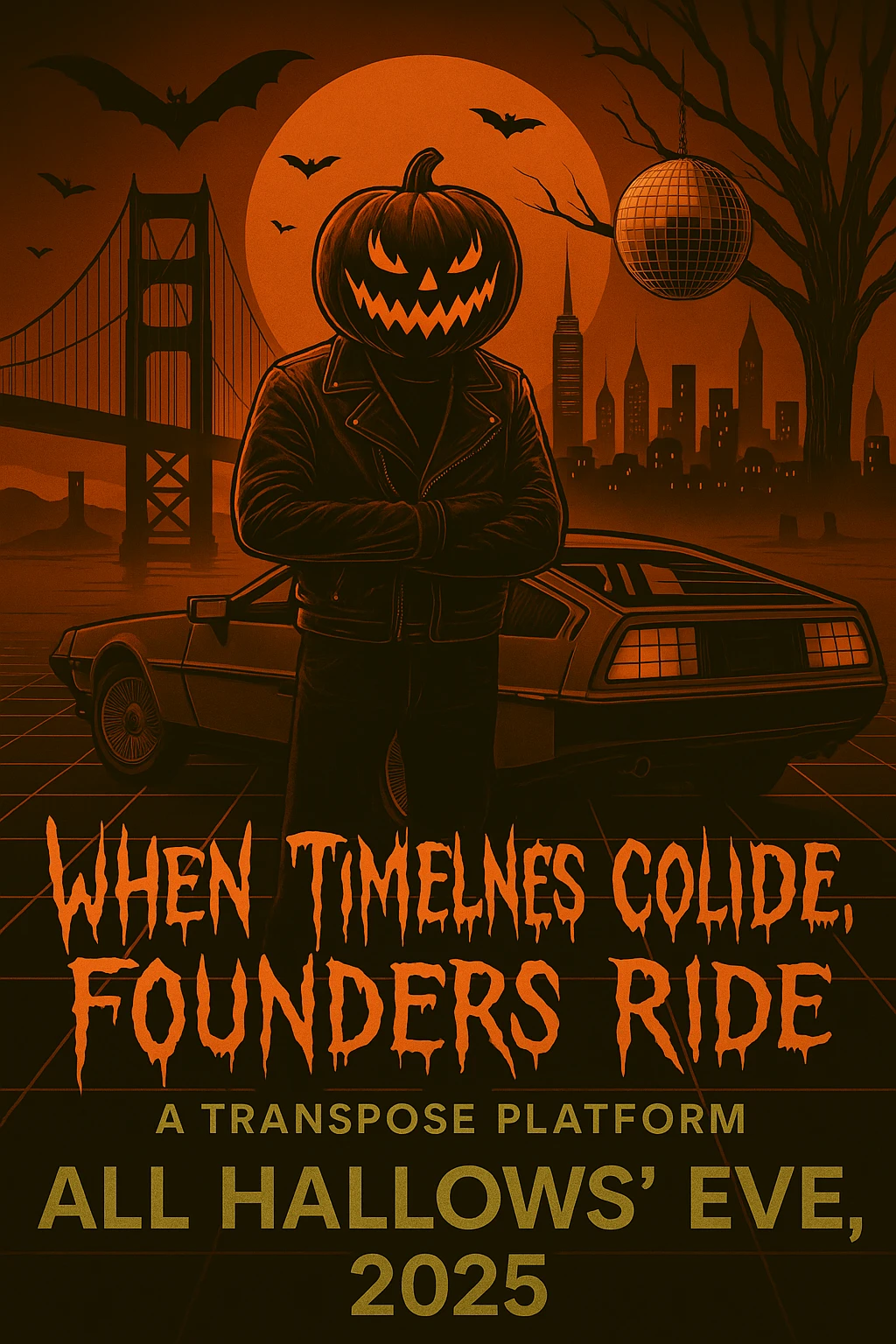 Make the font "When Timelines Collide, Founders Ride" runny, spooky.  emoji