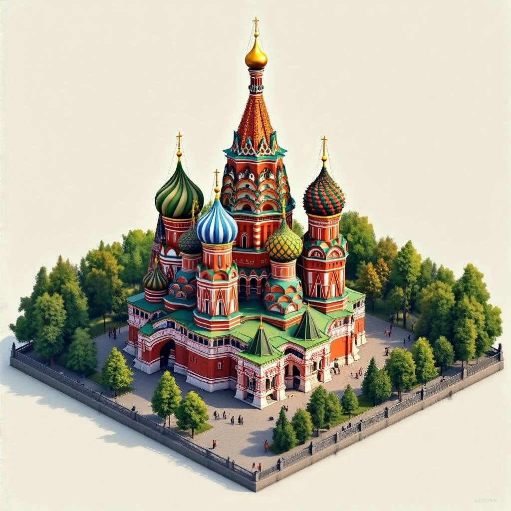 Изометрическая фотореалистичная иллюстрация-модель Собора Василия Блаженного, текстуры с чёткими, но мягкими контурами, баланс между стилизацией и реализмом, эффект миниатюры, без мультяшности, прозрачный фон. emoji