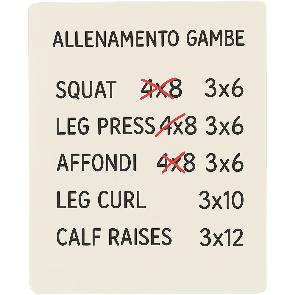 foglio di carta con scheda di allenamento gambe in italiano con volume di allenamento ridotto (fai alcuni esercizi con 4x8 scritti in precedenza sbarrati in rosso e la correzione accanto tipo 3x6), scrivila al meglio che puoi emoji