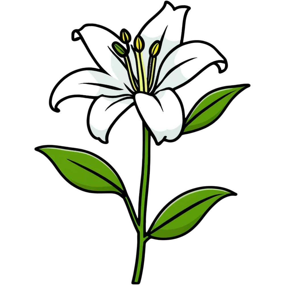 elegant white lily with six distinct petals, one unopened bud, and leafy stem emoji