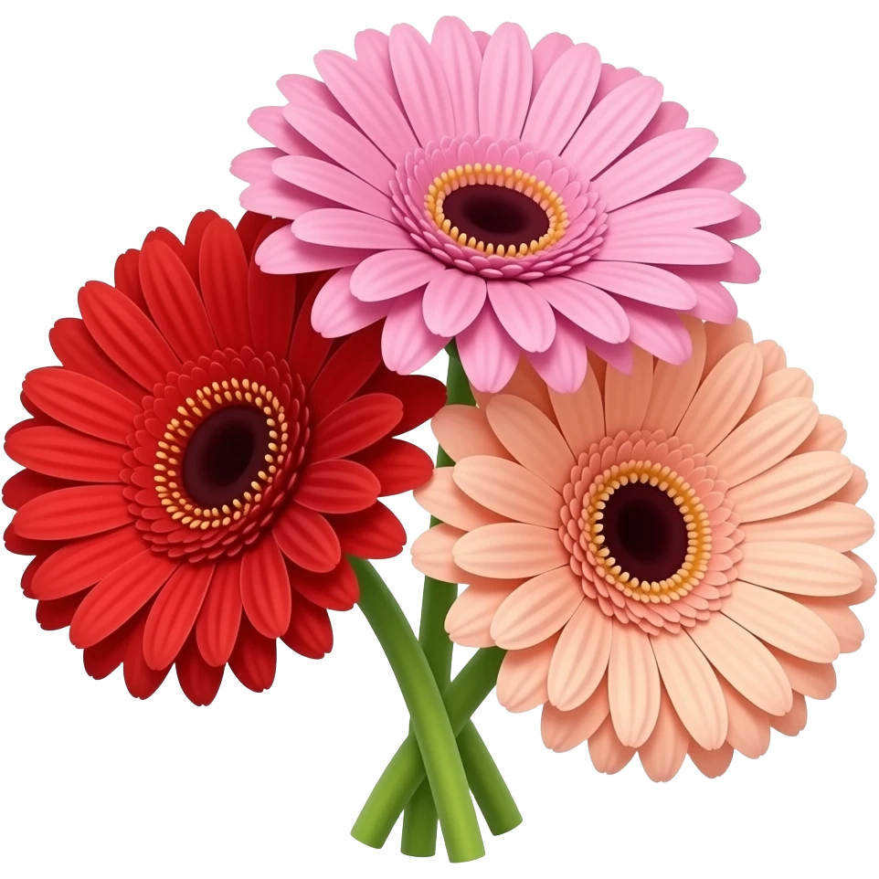 Bouquet of three gerbera only with each colour having red, pink and peach in full screen emoji