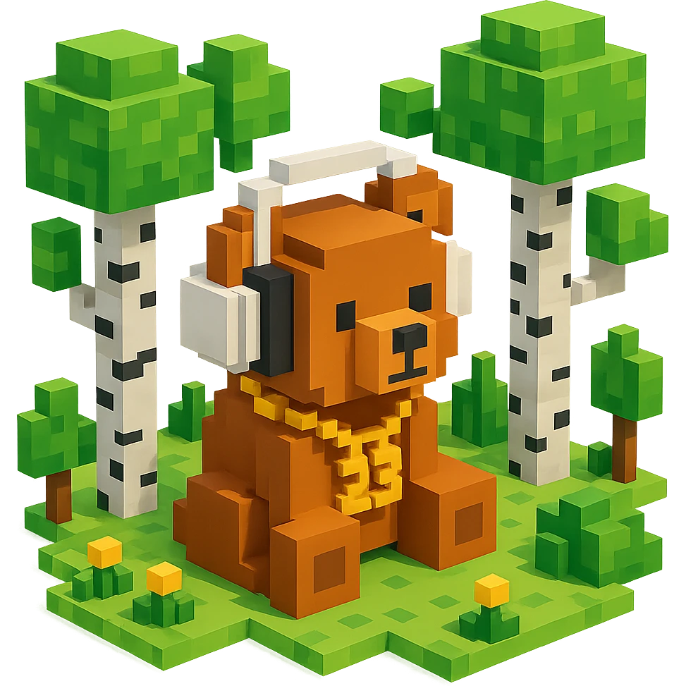 березовый лес, в котором сидит бурый медвежонок в белых наушниках (наушники должны закрывать уши медведя), на медведе цепь с подвеской "23", no background  emoji