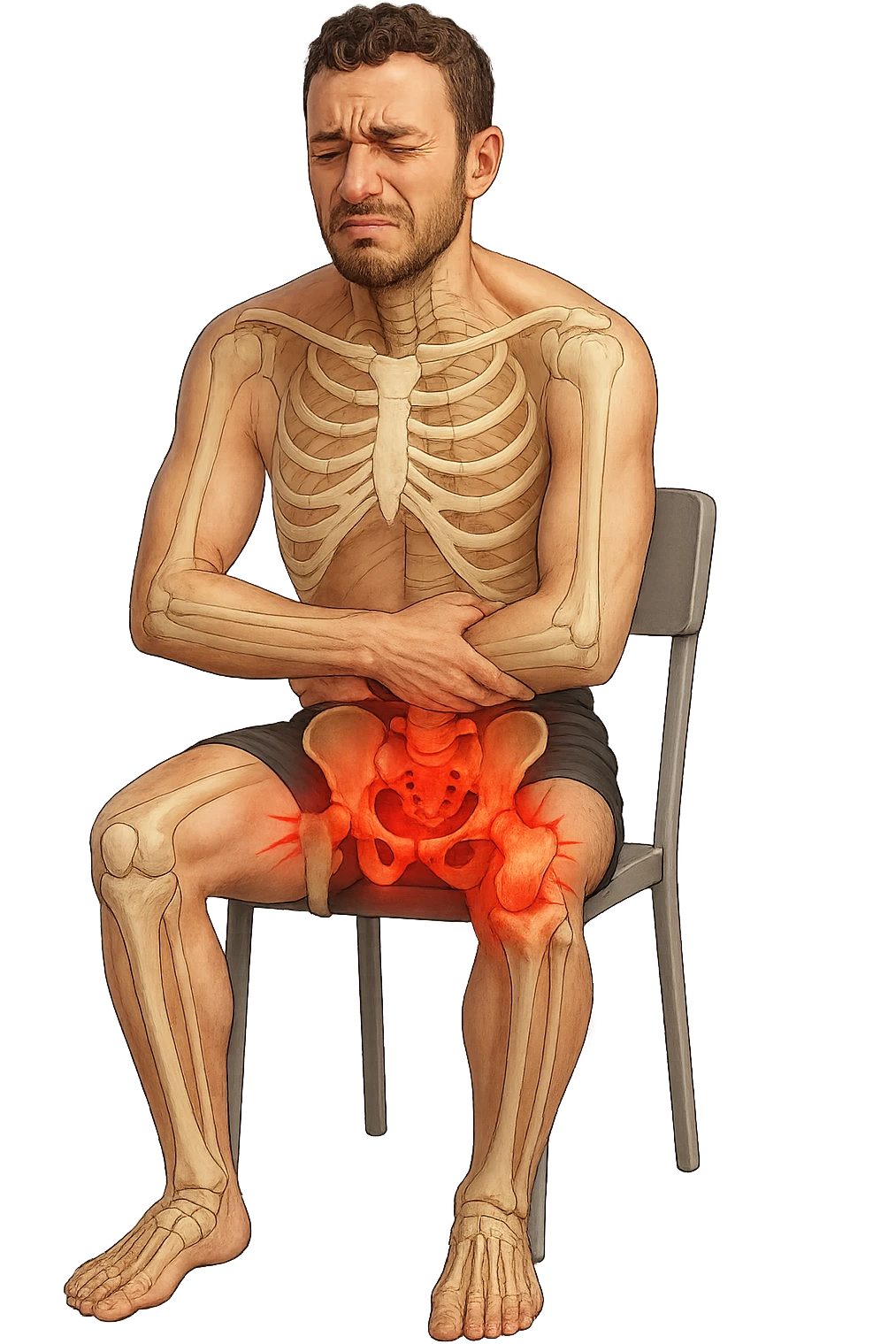 fai questo ragazzo identico MA IN POSA FRONTALE, ma fallo seduto su una sedia semplice e mettigli un bacino anatomico infiammato in evidenza sul corpo e un espressione di dolore in volto, ossa visibili, iperrealistica in 3d emoji