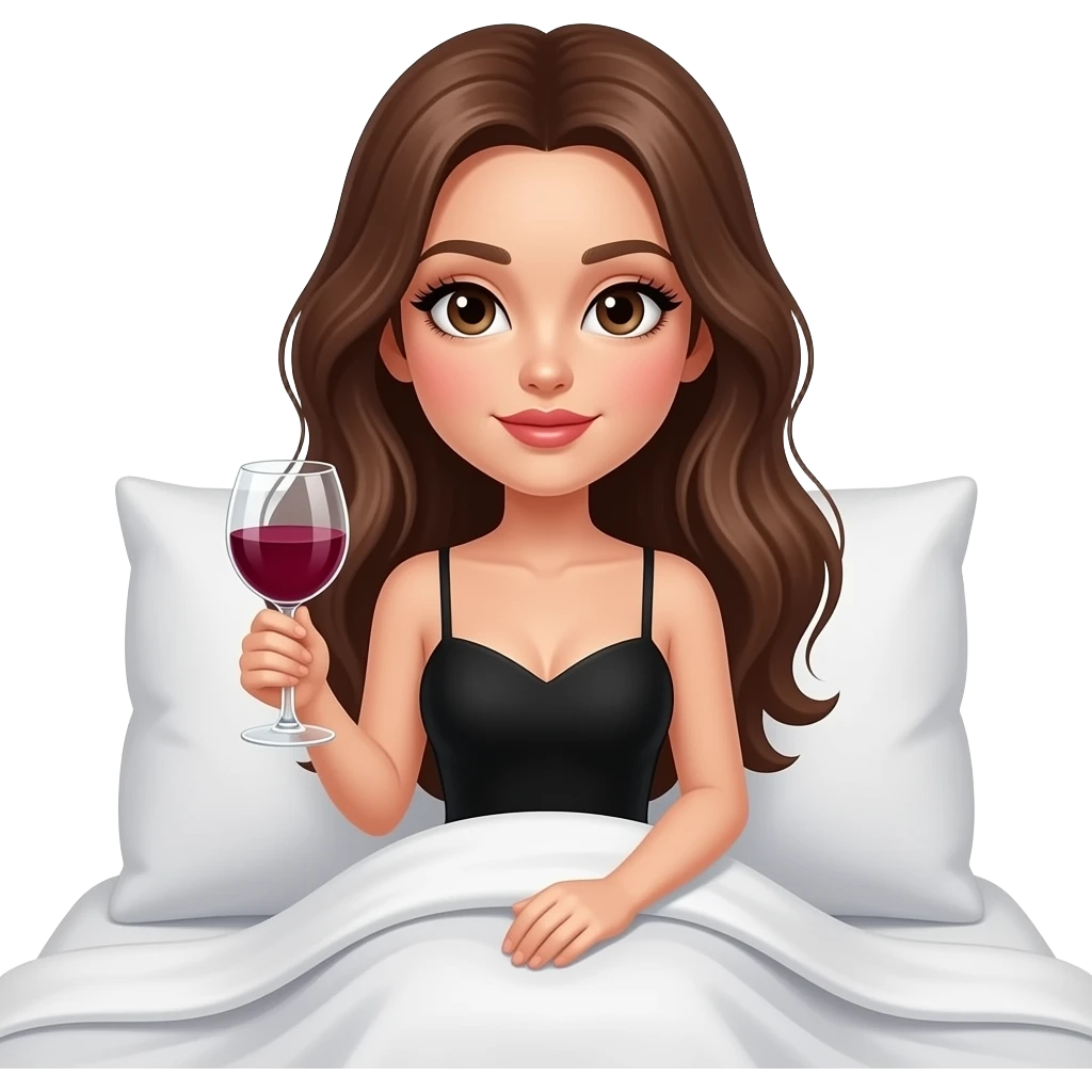 Girl with long brown hair in a black dress, sitting in bed under the covers, holding a wine glass. Heavy makeup and eyelashes .there is a pillow behind her. Her makeup is messy emoji