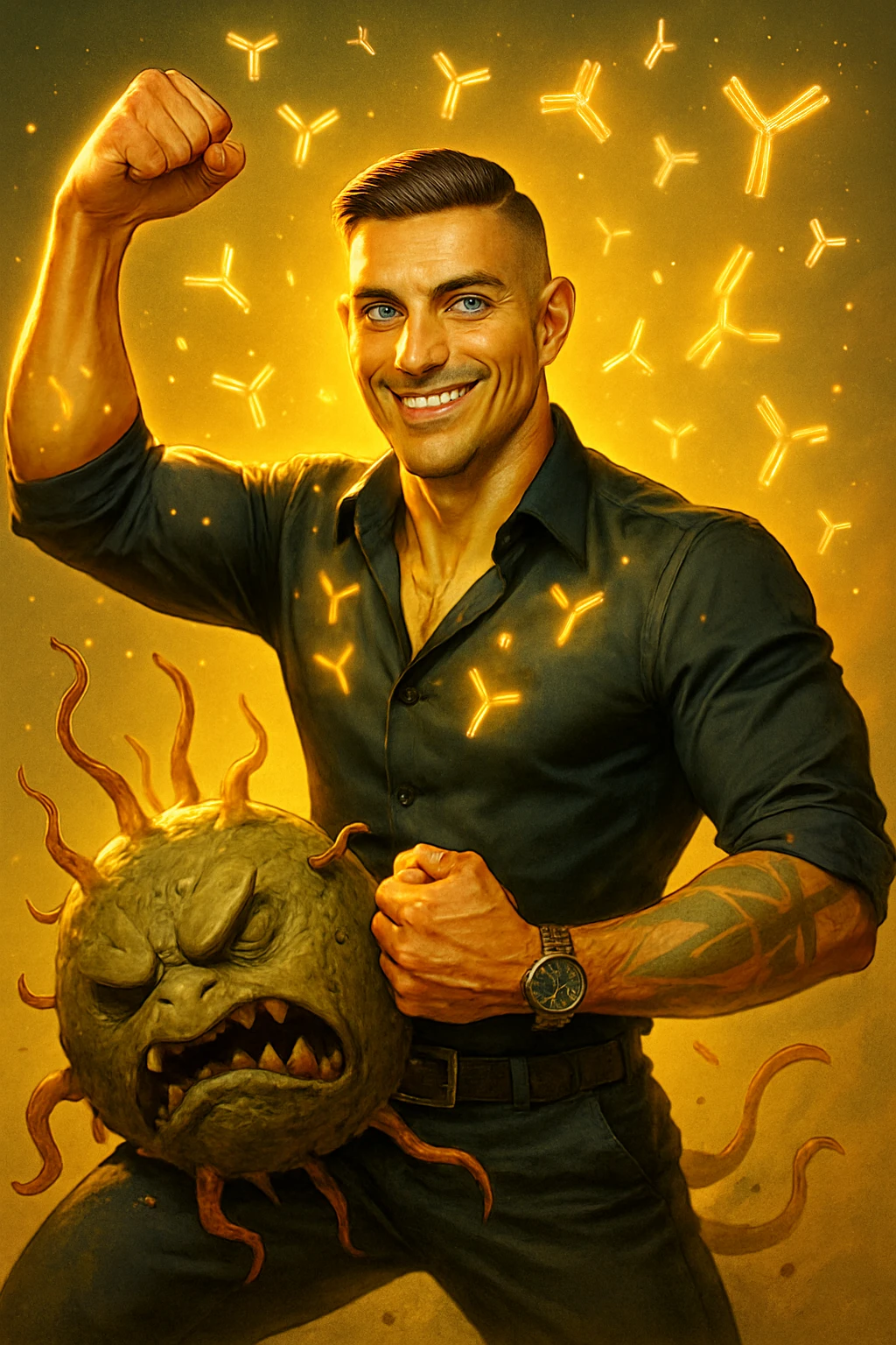 Un uomo atletico (30-40 anni) dalla pelle perfettamente liscia, senza cicatrici o imperfezioni, che emana un leggero bagliore dorato (metafora degli anticorpi).
Occhi brillanti con riflessi blu-verdi (simbolo di salute estrema).
Postura eroica, con un braccio sollevato in un gesto di forza, mentre con l'altro tiene un batterio gigante schiacciato come se fosse un mostro sconfitto. emoji