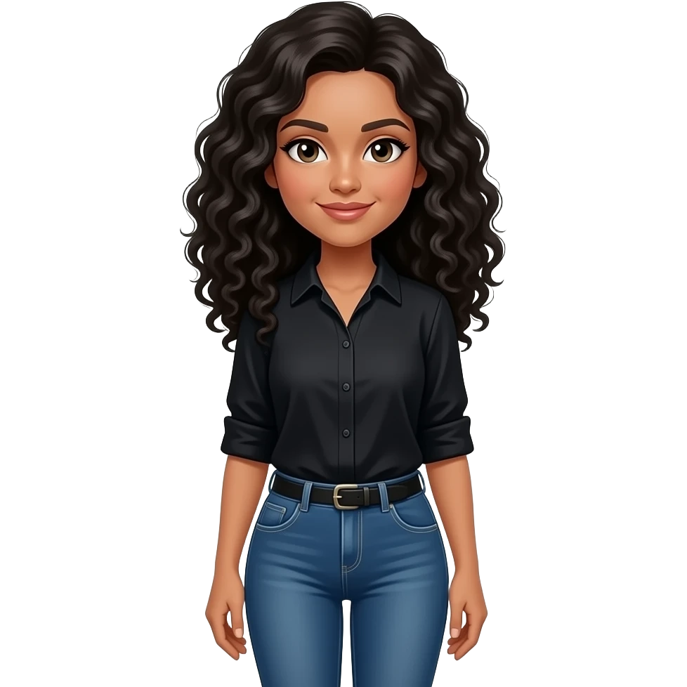 make a short slim teacher who has long black not puffy curly hair. She is very italian. Wears skinny jeans and a black shirt. emoji