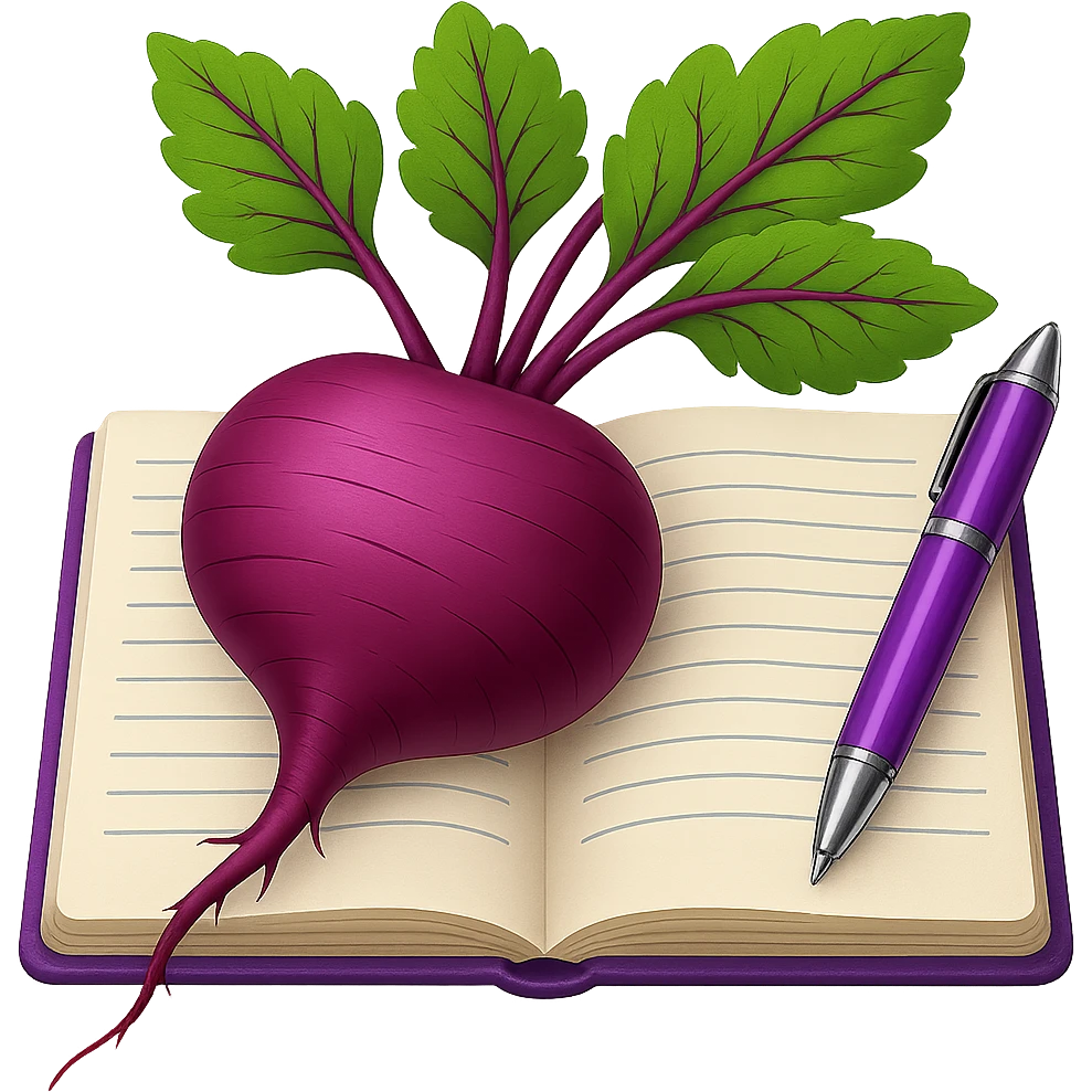 Adjust the image so that the beetroot, the notebook, and the pen are clearly seen from the front, all aligned frontally. Maintain the emoji style look and keep the background transparent. emoji