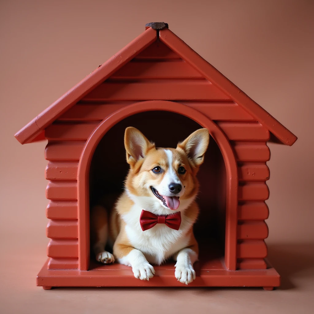 realistic red dog house with a Corgi dog inside, Corgi with a bow tie, photorealistic style emoji
