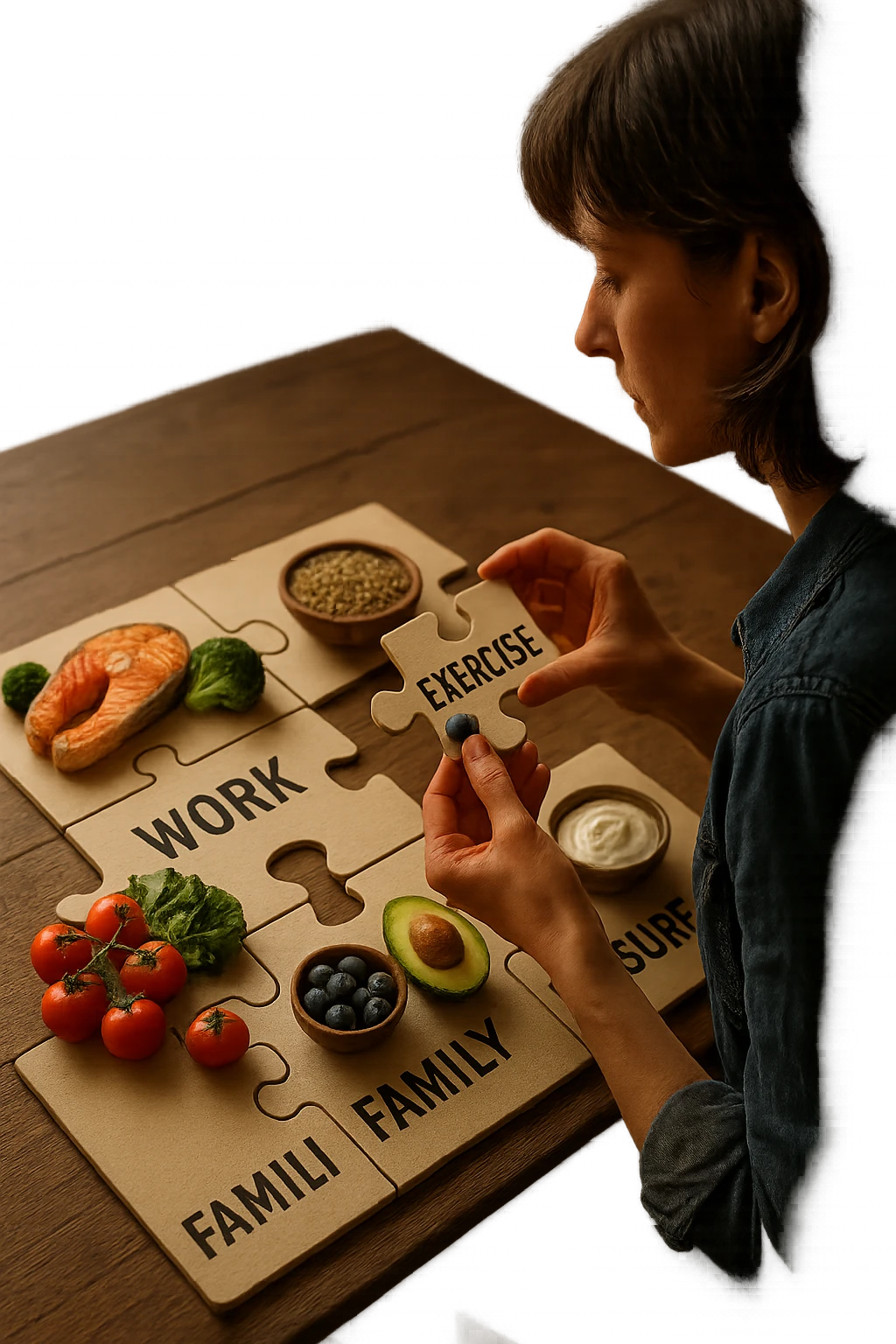 realistica cinematic photo a person is surrounded by puzzle pieces, each representing a different aspect of their life (work, exercise, family, leisure), and healthy foods are integrated into each piece. The person assembles the puzzle, creating a complete, personalized nutrition plan. The mood is uplifting and creative. in italiano emoji