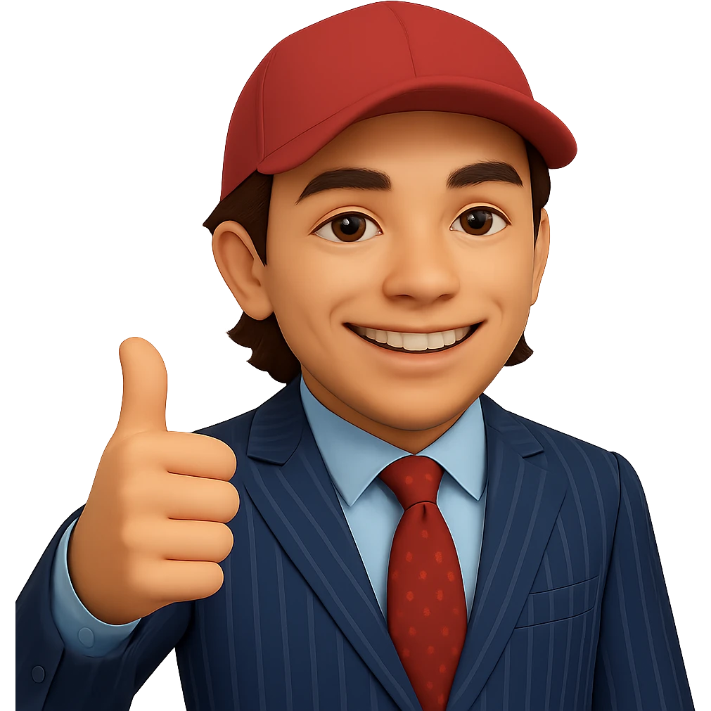Create a 60% realistic emoji of a smiling man in a pinstripe suit and red cap, giving a thumbs up. The style should blend emoji and realism with more realistic details than the 50% version but still stylized. Transparent background. emoji