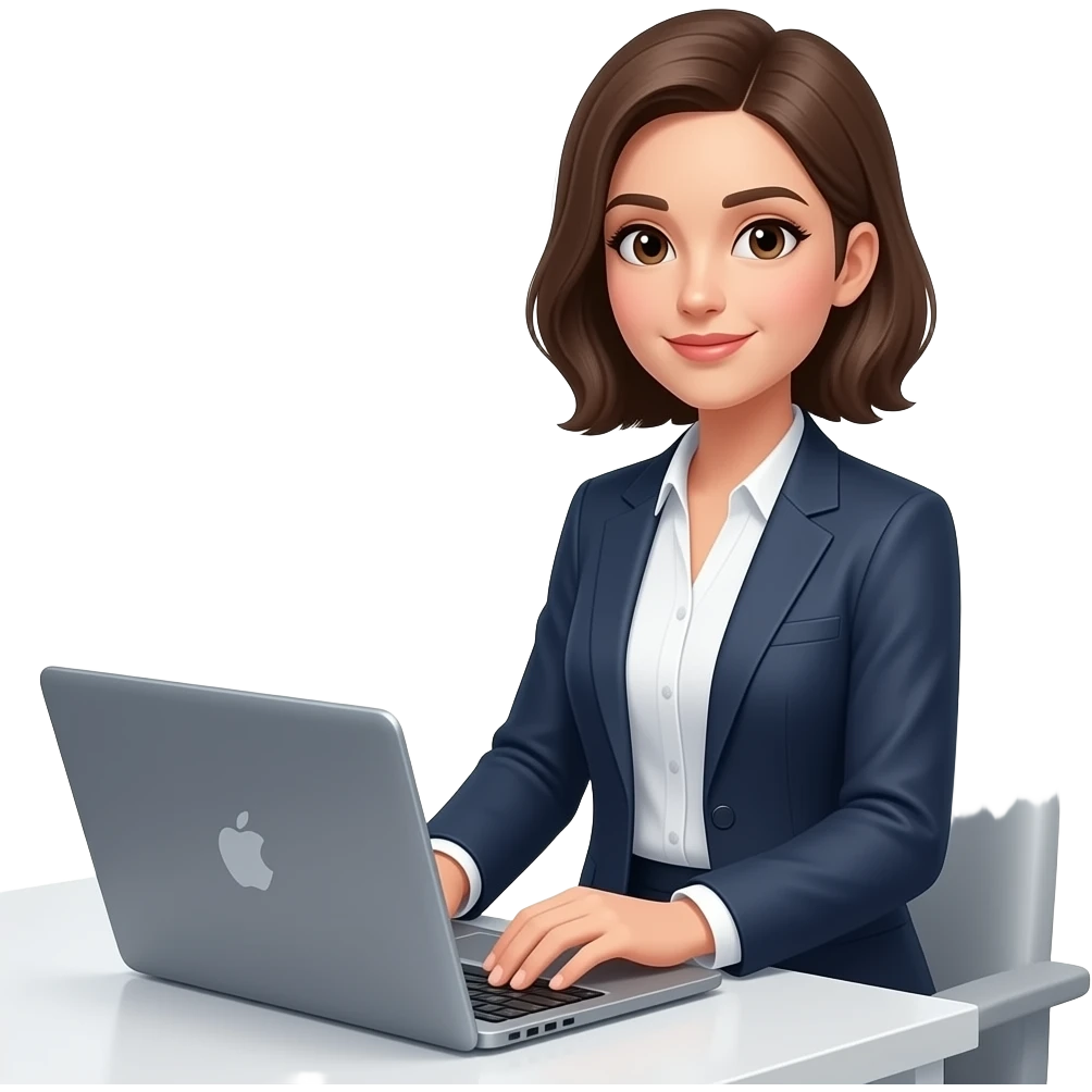 confident adult woman, standing straight, neutral face, modern clothing, minimalist flat illustration, soft shadows, pastel tones. woman working on laptop, focused, clean desk, minimalist flat design emoji