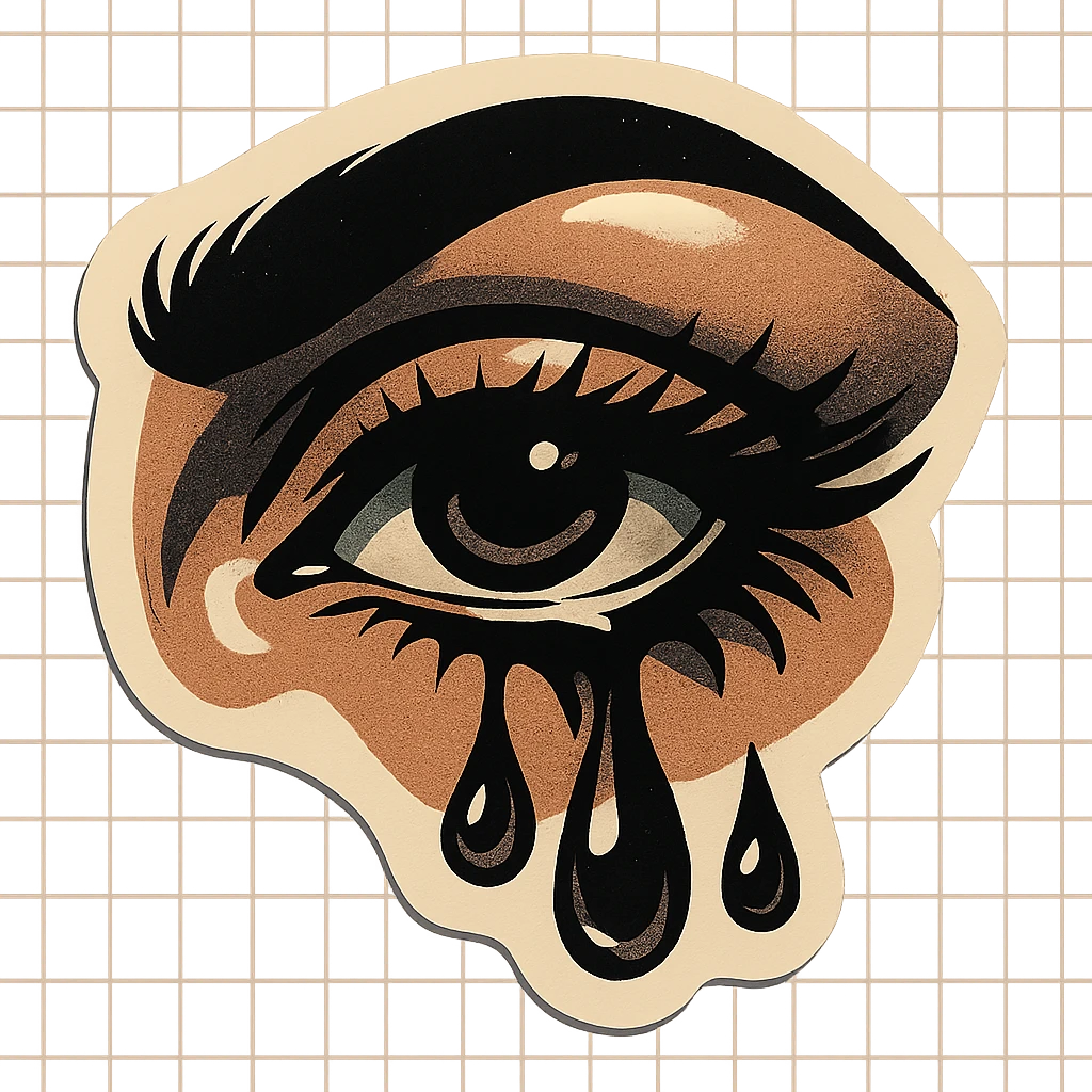 dark female eyes with eyelashes, tears, gloomy but beautiful look, sharp black contours, sharp shadows and highlights, retro stickers style, no gradients emoji