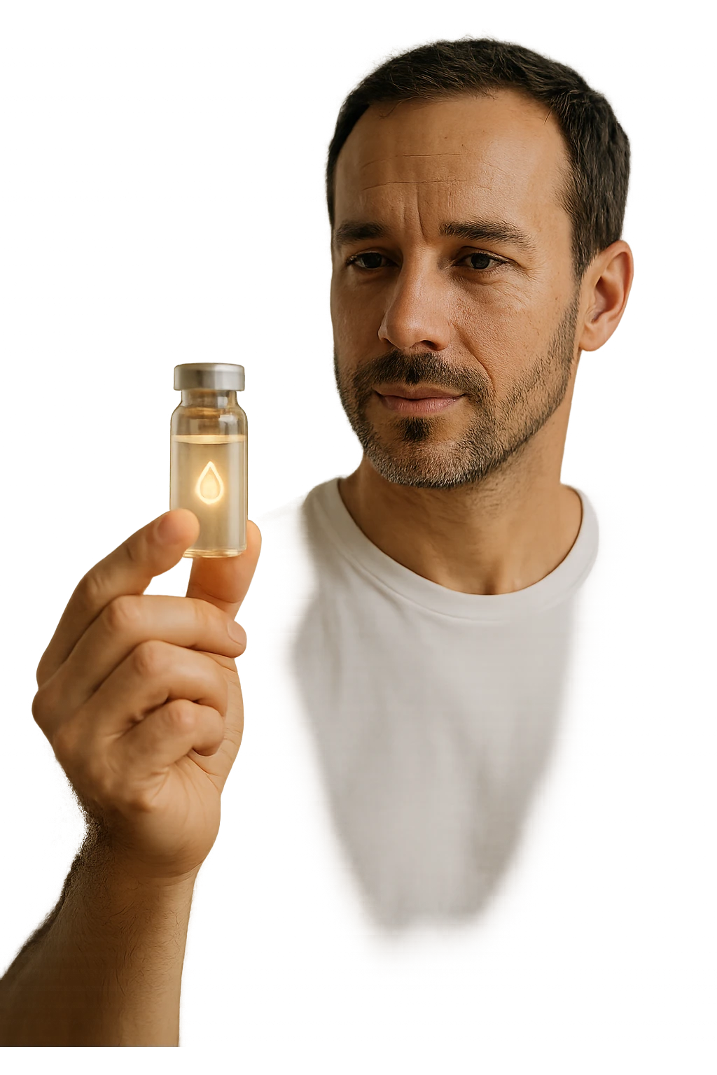 A realistic, high-quality cinematic photo of a health-conscious man in his late 30s holding a small clear glass vial filled with structured, informatized water used in kinesiological treatments. The man is standing in a bright, clean holistic therapy studio with wooden furniture and plants, looking at the vial with a focused, hopeful expression. The vial has a minimalist label with a water droplet symbol, glowing softly to symbolize its informational energy properties. The atmosphere is calm, professional, and filled with natural light, conveying the holistic, gentle yet advanced nature of kinesiological practices emoji