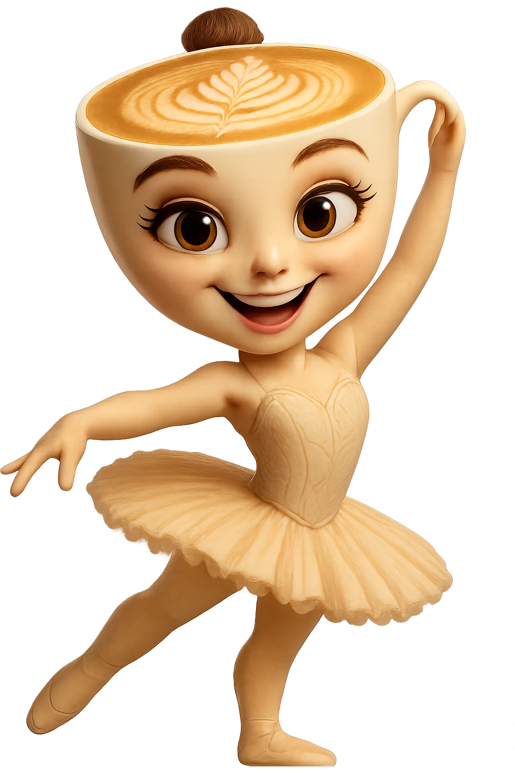 Edit the ballerina cappuccino character to have a happy, smiling expression. Keep the transparent background. emoji