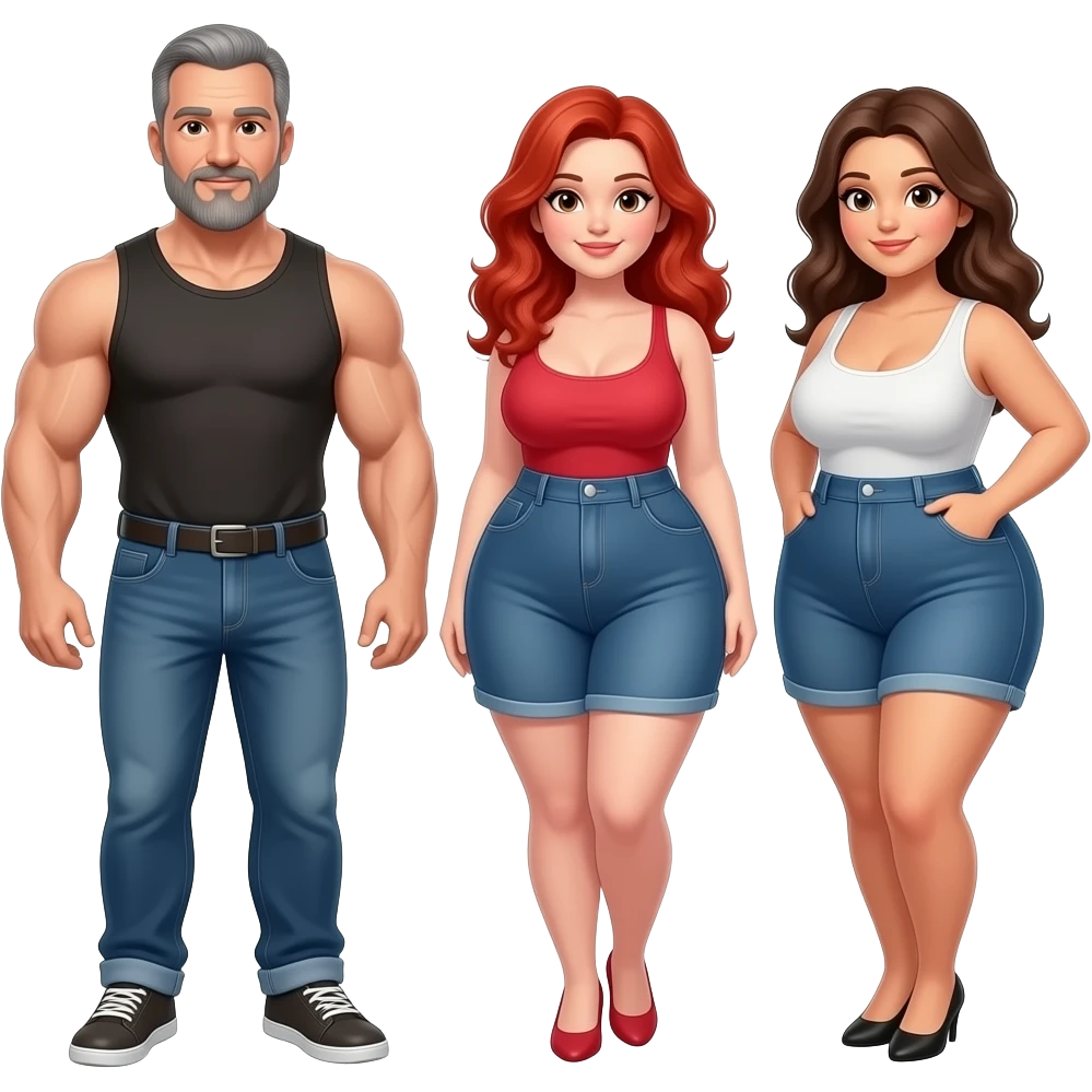 Handsome, bald,  muscular man with goatee, age 57,  with 2 very full figured women, redhead and brunette with larger breasts emoji