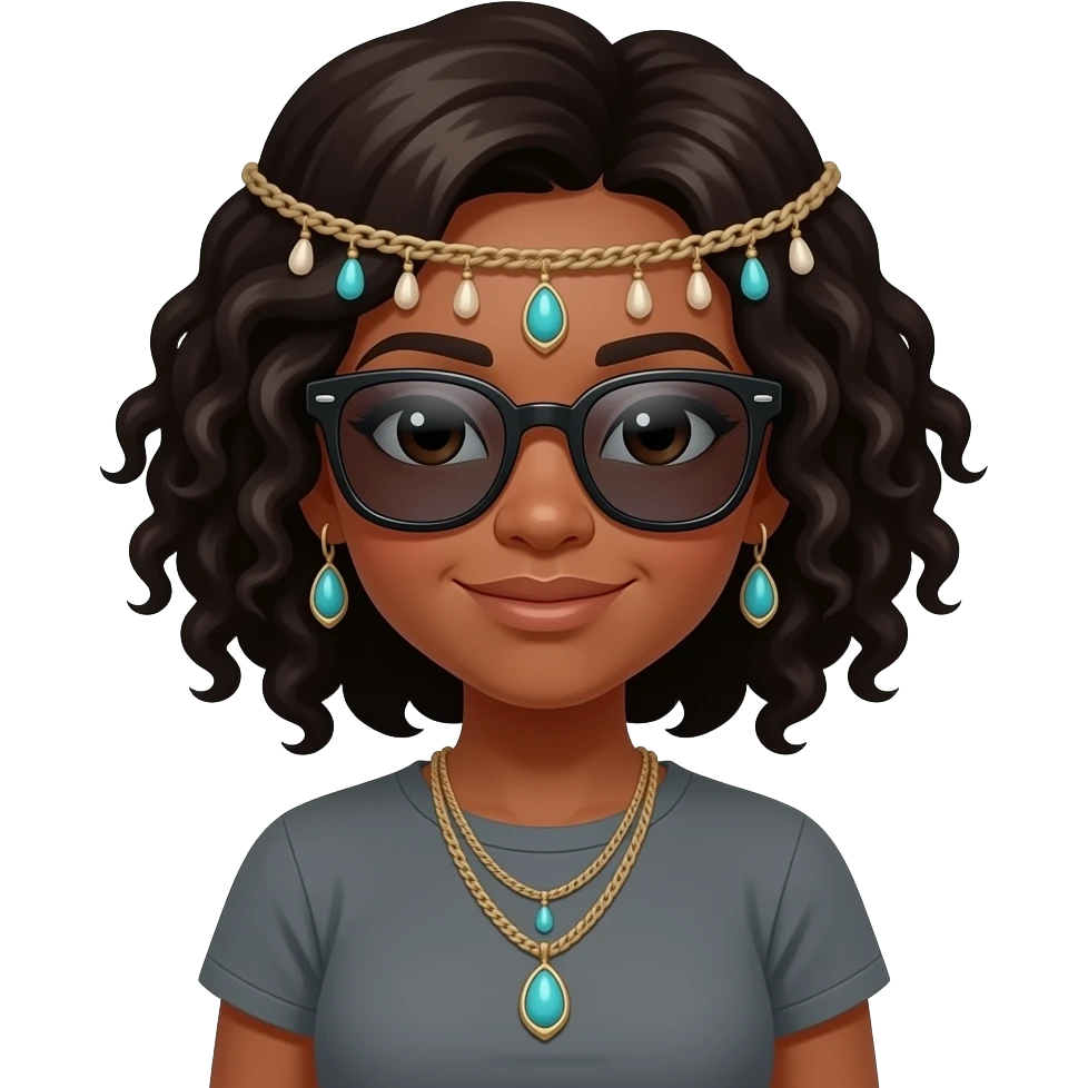 black girl with boho head chain with tshirt with sunglass emoji