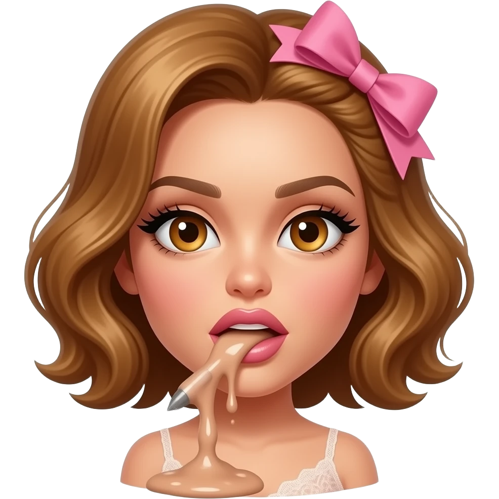 glamours,-tanned,-very-beautiful-woman-with-big-plump-rose-beige-lips,-long-lashes,-honey-silky-very short- hair,-wavy-hair,-with pink bow in hair -hazel-eyes-wearing-nude-lace-lingerie-nude-stilettos,-projectile-vommiting-puke emoji