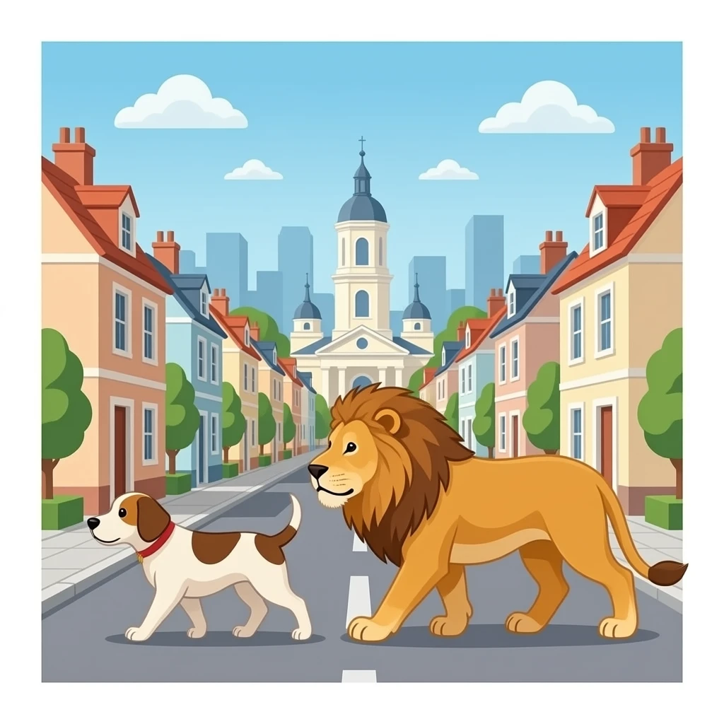 hazme un perro i un leon caminando por un pueblo lleno de casas emoji