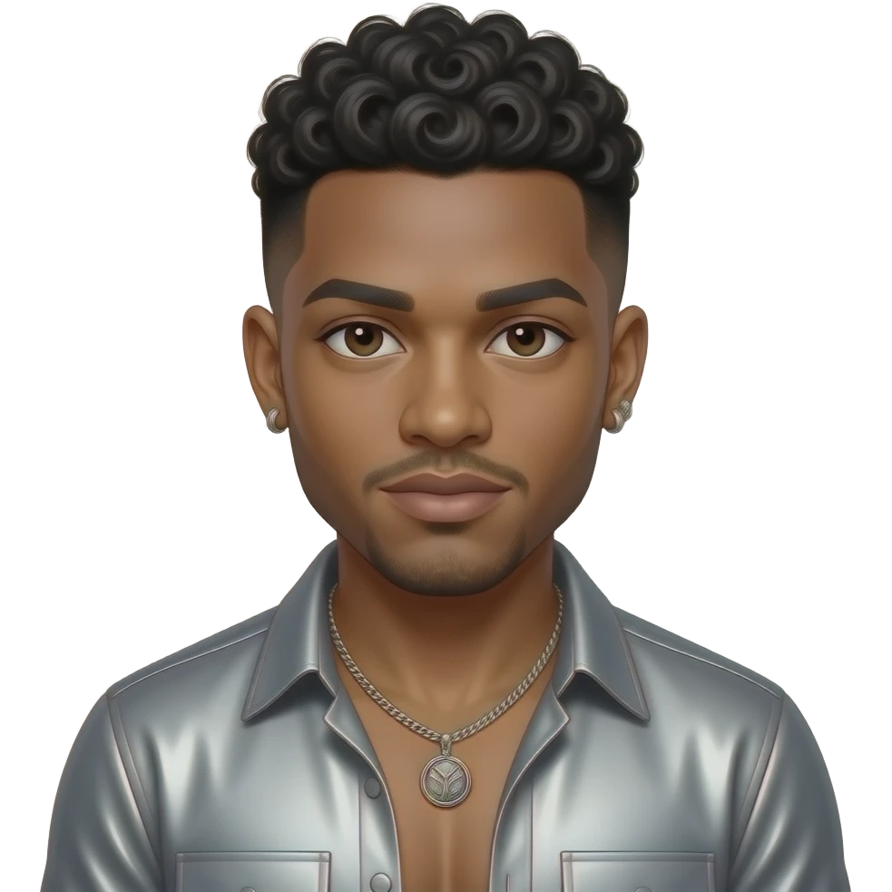 Ricky Bell from New Edition with dark brown eyes, black curly high top fade hair, grey metallic shirt, shirtless with necklace and earrings emoji