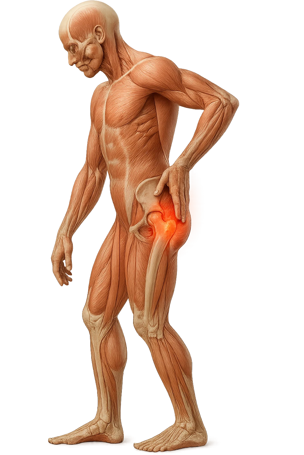 CORPO UMANO ANATOMICO DI PROFILO A FIGURA INTERA REALISTICO CHE SI TOCCA L'ANCA INFIAMMATA, DOLORE ALL'ANCA, IPERREALISTICO 4K emoji