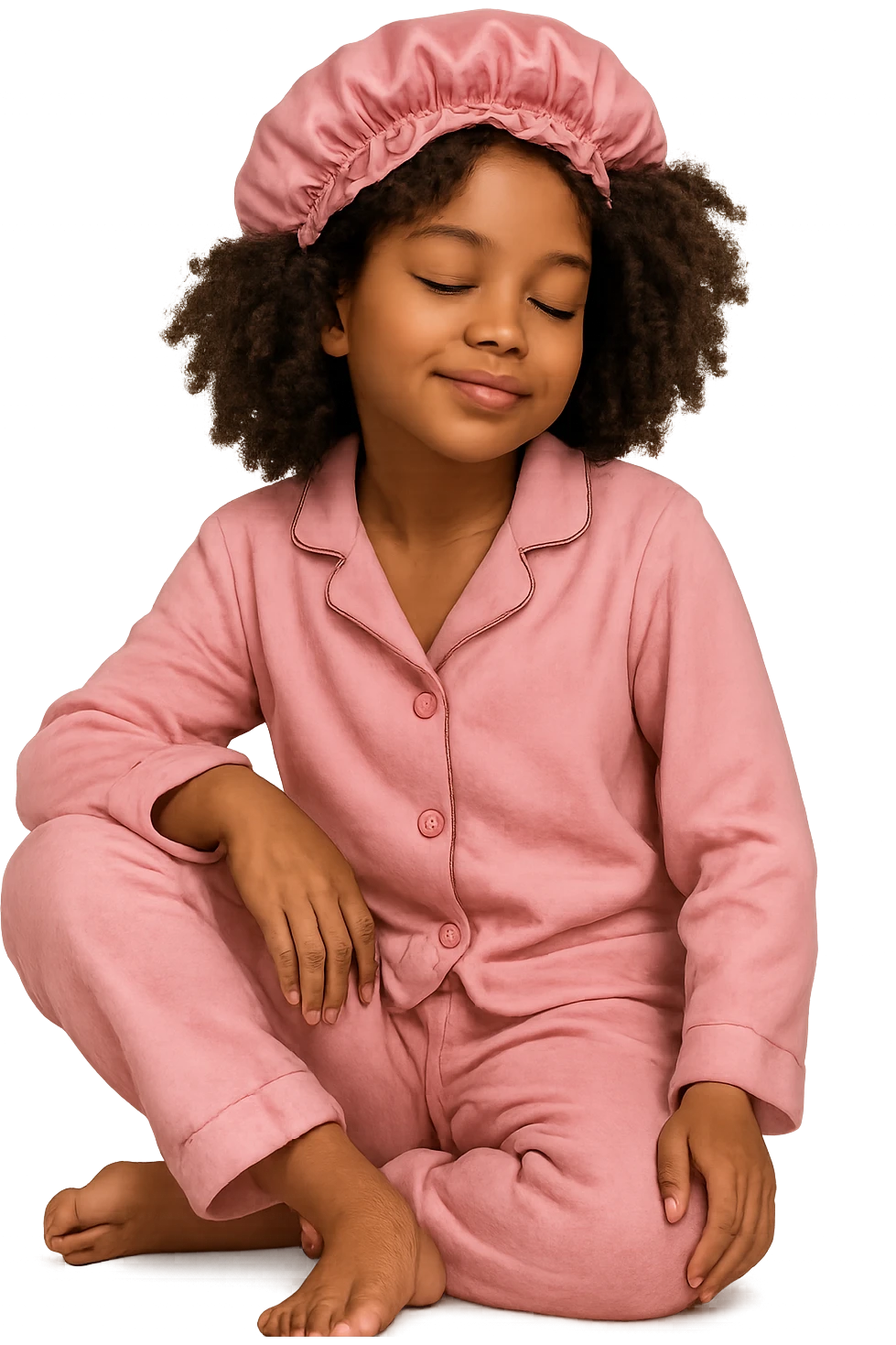 black girl with curly hair, pink pajamas, and a pink satin cap, relaxed pose, no background emoji