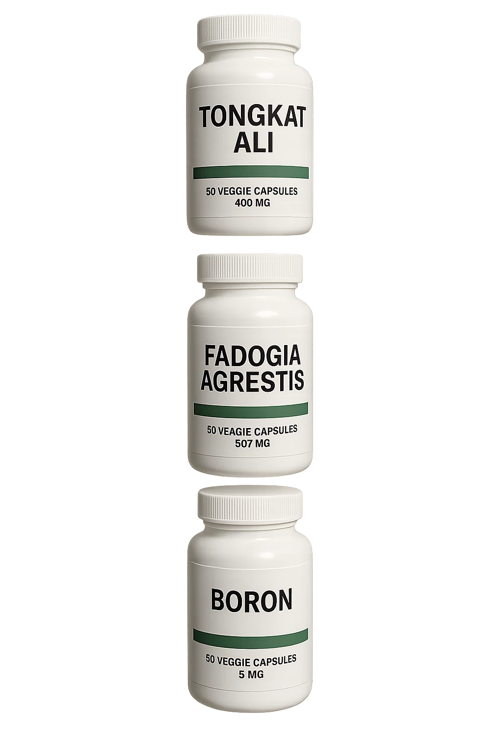 4 boccette di integratore: Tongkat Ali, Fadogia Agrestis, Boron e Zinco fluttuano in aria verticalmente emoji