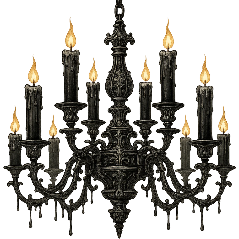 gothic chandelier with dripping candles, black and silver, ornate and dramatic emoji