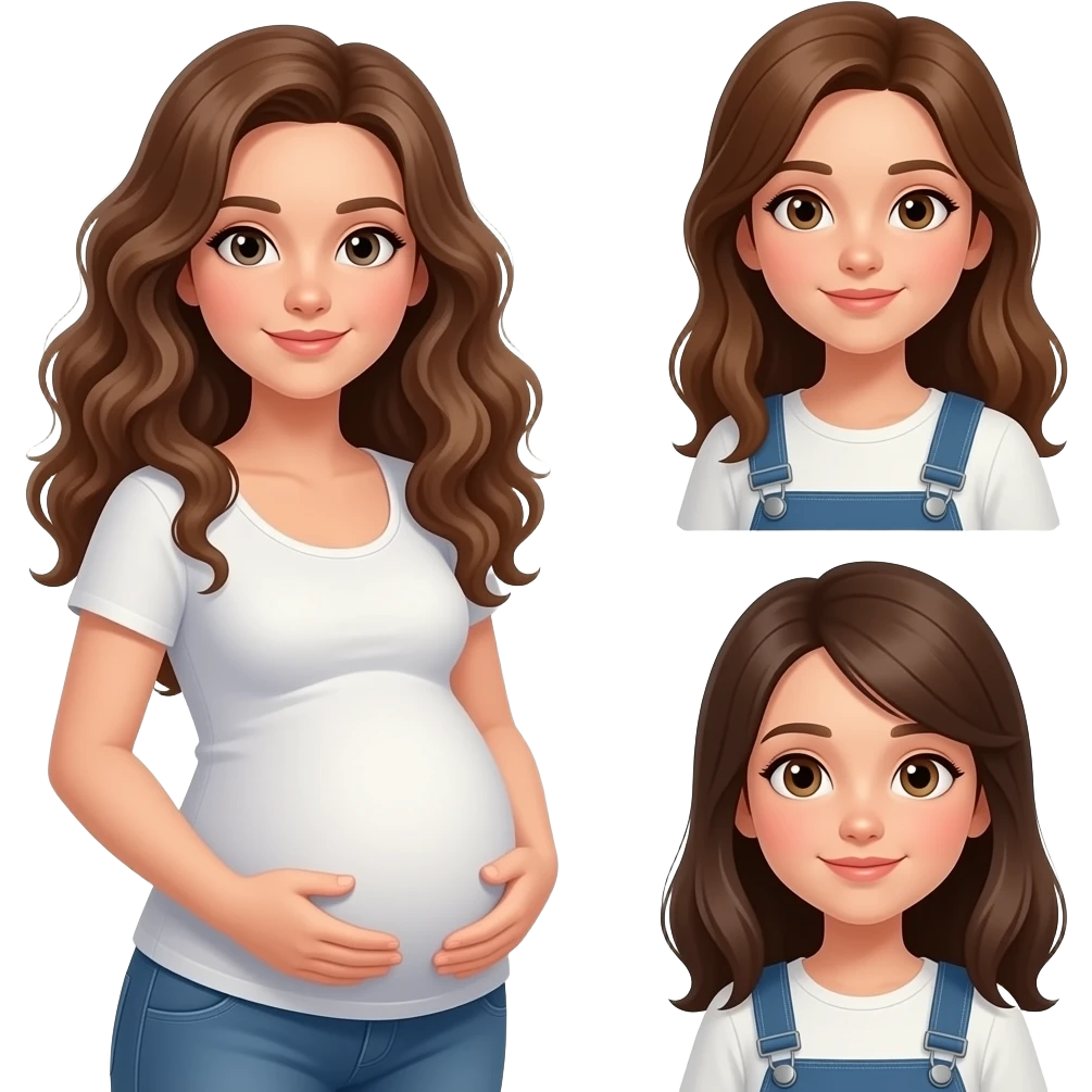 3 Caucasian girl  friends 1 tall with long curly hair, 1 brunette hair pregnant,  1 brunette emoji