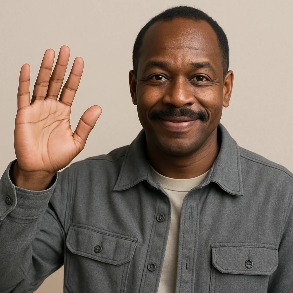 Black man with a mustache waving, wearing a grey jacket, neutral background emoji