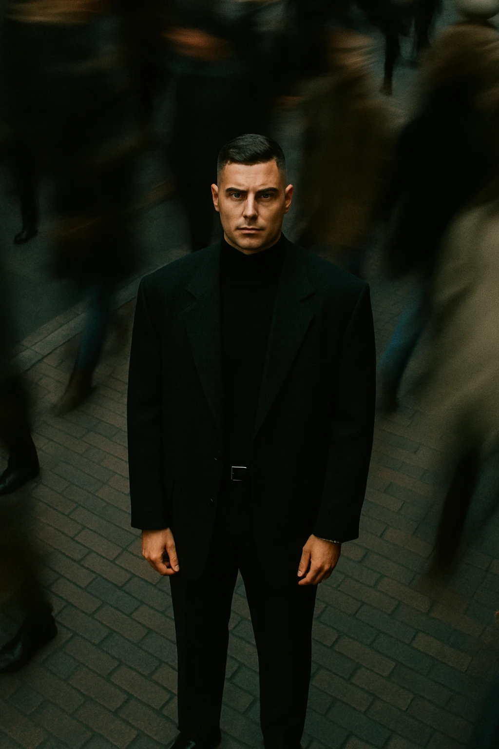 overhead shot of me standing still on a brick city sidewalk, wearing a dark oversized blazer,motion-blurred crowd rushes past around me. Moody lighting, 35mm film look, shallow depth of field, sharp focus on me. emoji