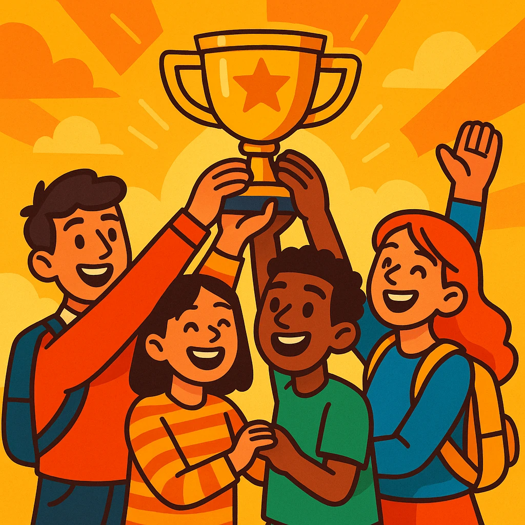four students lifting a trophy, warm atmosphere, expressive illustration style, bright colors, joyful expressions emoji