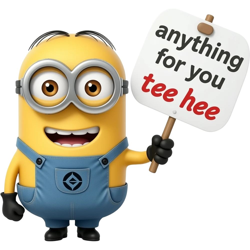 Yellow smiley in love holding up a sign sign that says "anything for you tee hee" Minions emoji