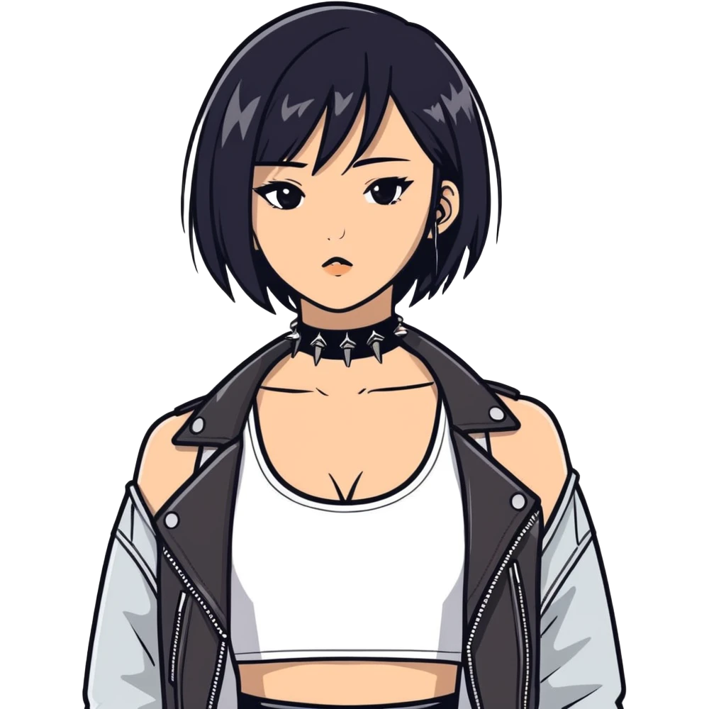 A asian girl with Black eyes and black straight hair with a bob with a black spiked chocker with white tank top with a leather jacket on emoji