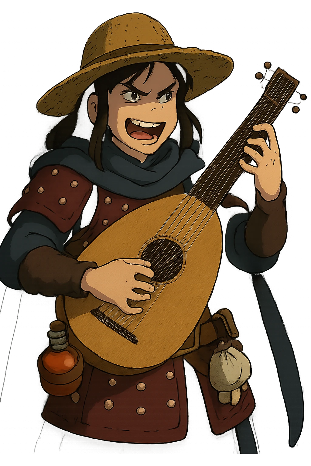 A female bard wearing brigandine armor with a sturdy straw hat, playing a fat medieval lute and singing, night time shadows, tool belt with red potion and bandages, portrait , mischievous grin, anger emoji