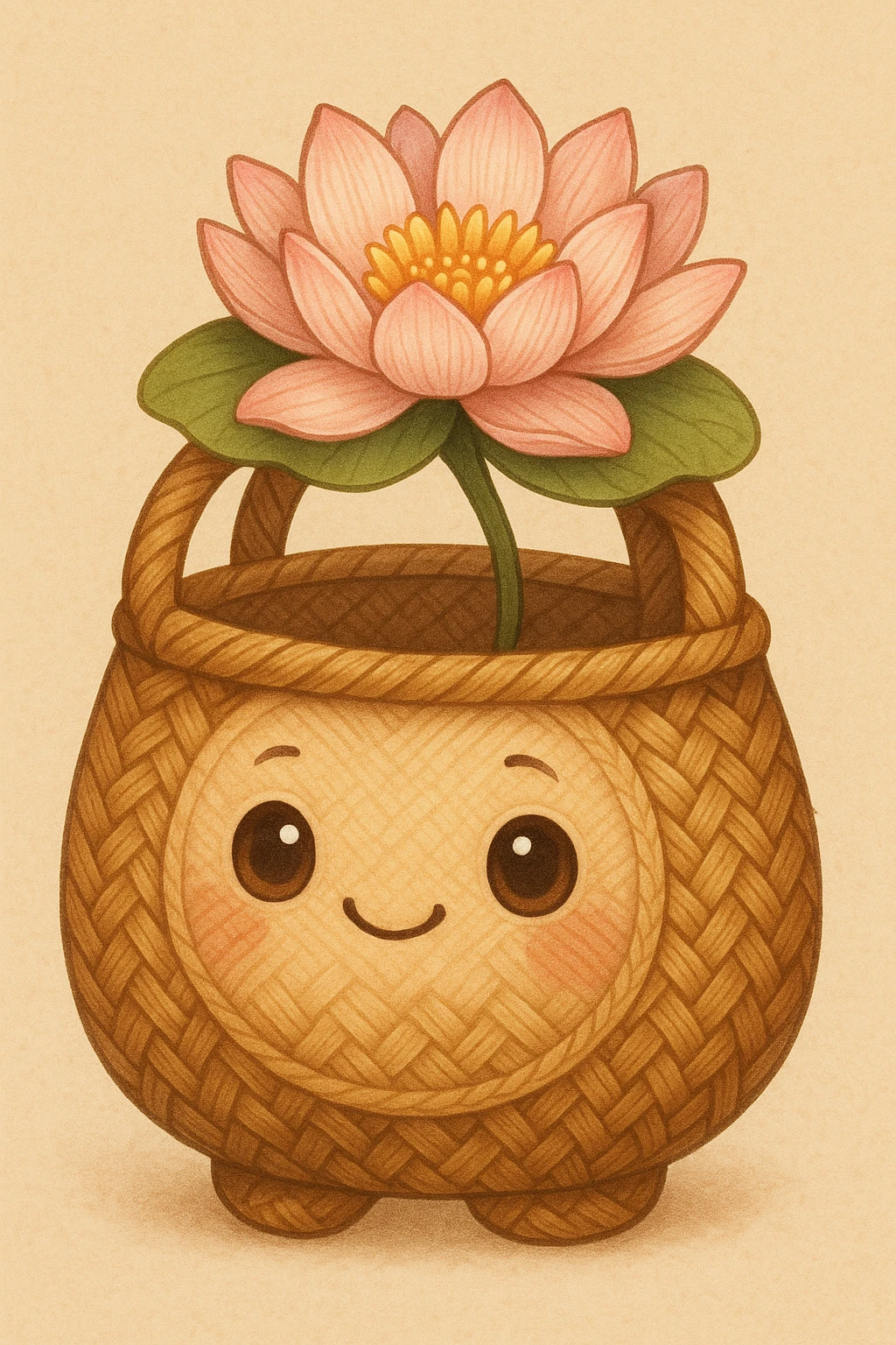 mascota para proyecto productivo que combina un bolso artesanal tejido y un lirio de agua, con rasgos simpáticos y amigables, ideal para representar una marca creativa y artesanal, estilo tierno y detallado emoji