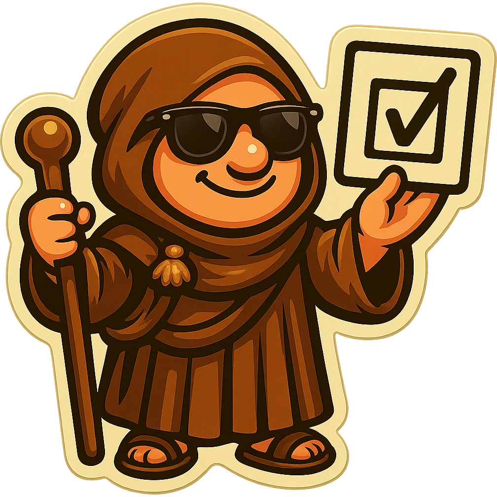 Add sandals to the feet of the pilgrim and lower the hood onto the shoulders, with a brown cloak. The pilgrim wears sunglasses. Create a friendly and amusing atmosphere in a sticker style with a transparent background. emoji