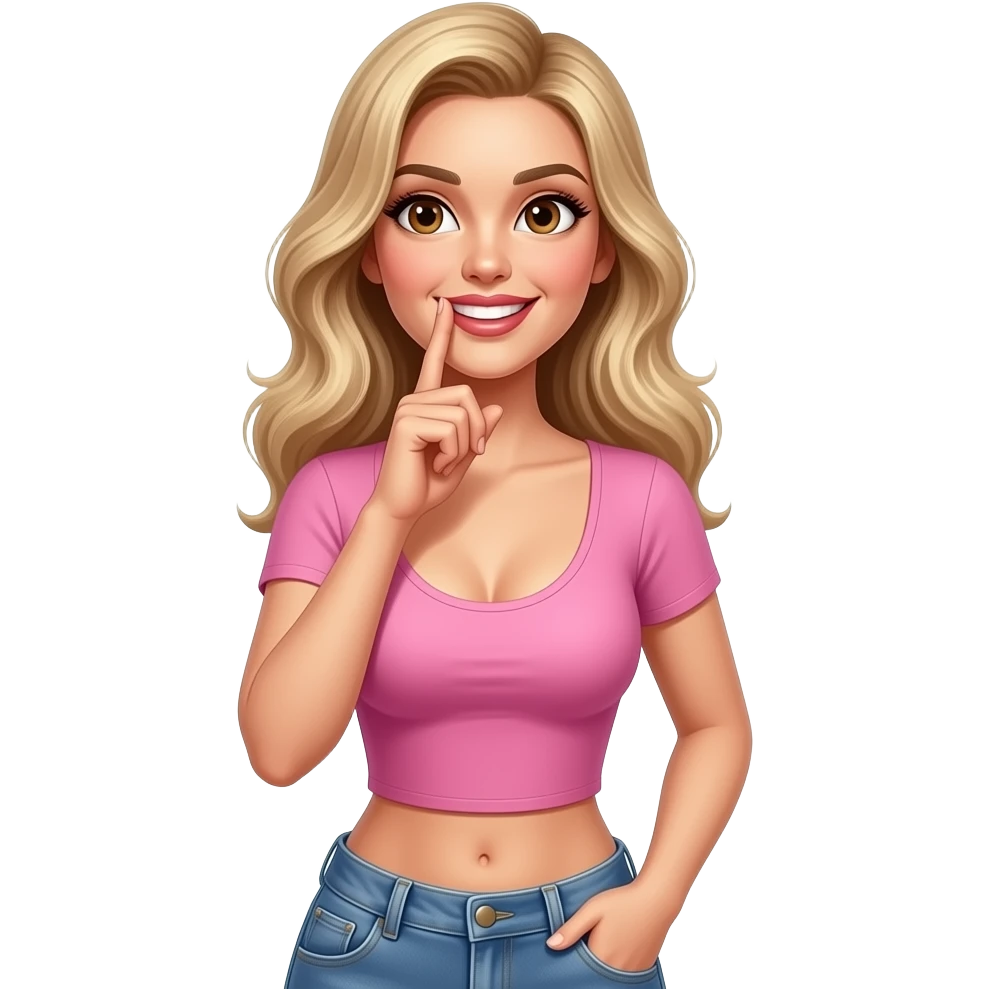 woman planning and thinking and has her finger on her lips slim face skinny wearing pink and looks very beautiful looks sexy and seduces when thinking and doesn’t look like AI looks more realistic and has brown eyes and blonde hair and is smiling and looking up and is wearing jeans emoji