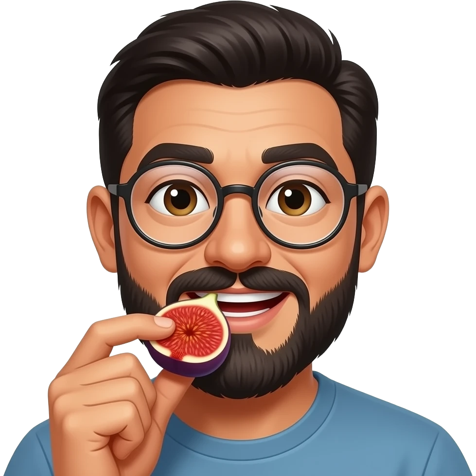 Latino Man with mustache and round glasses eating a juicy fig emoji