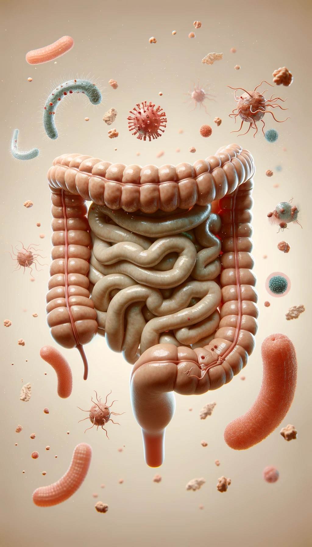 intestino umano anatomico con batteri e parassiti che gli fluttuano dietro, sfondo beige molto chiaro, iperrealistico 4k emoji