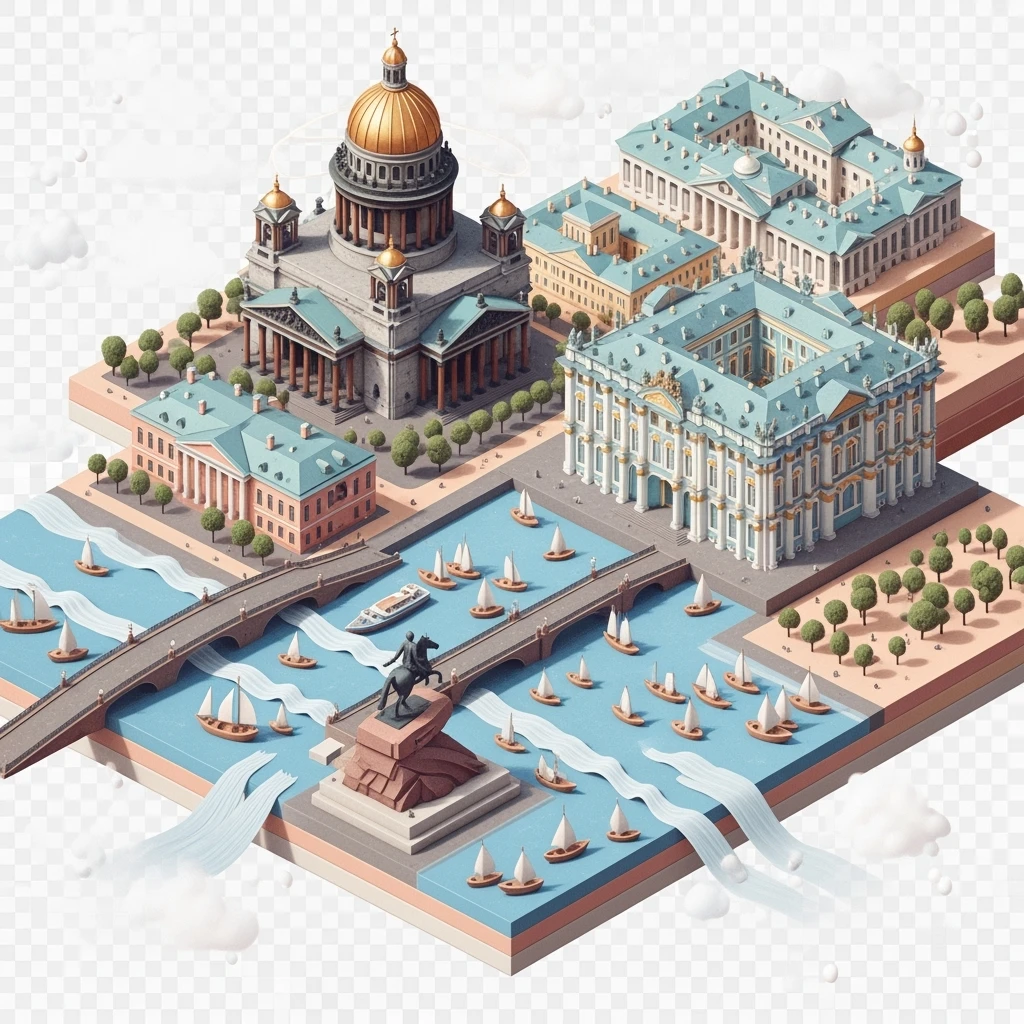 Isometric illustration of Saint Petersburg with the Saint Isaac’s Cathedral, the photorealistic Winter Palace, and the Bronze Horseman statue, toy boats and bridges, in pastel miniature diorama style, transparent background emoji