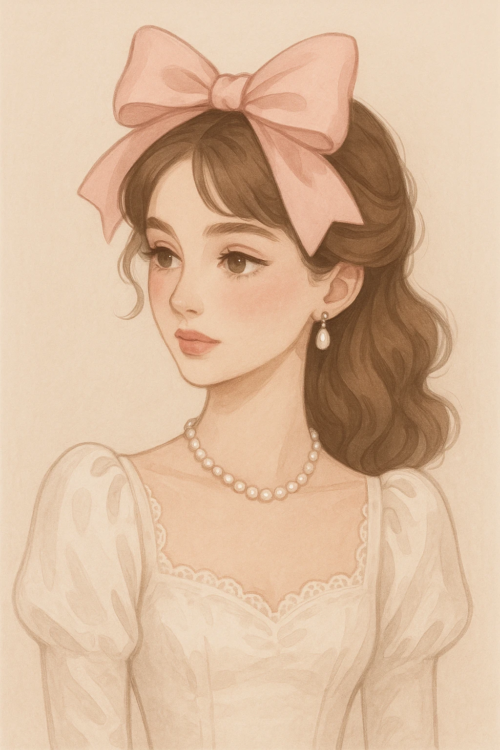 mujer coquette, estilo ilustración digital, detalles delicados, lazo rosa grande emoji