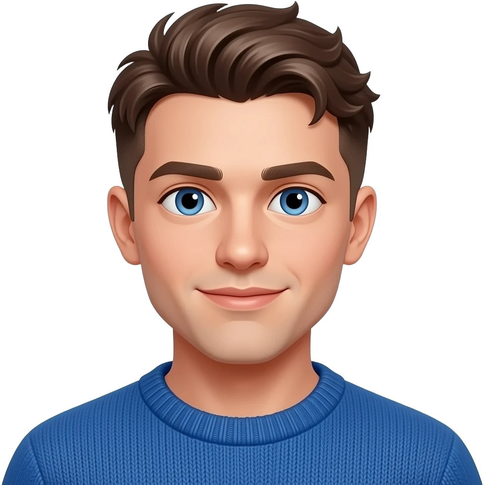 BW - young man, blue eyes, early 20s, light brown skin fade floppy 3cm length on top hair, blue jumper emoji