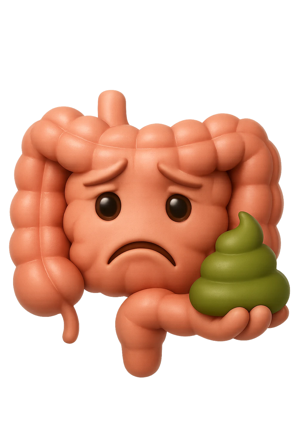 emoji stile iphone 3d di un intestino con espressione triste con cacca verde e liquida in mano , iperrealistiche 4k emoji