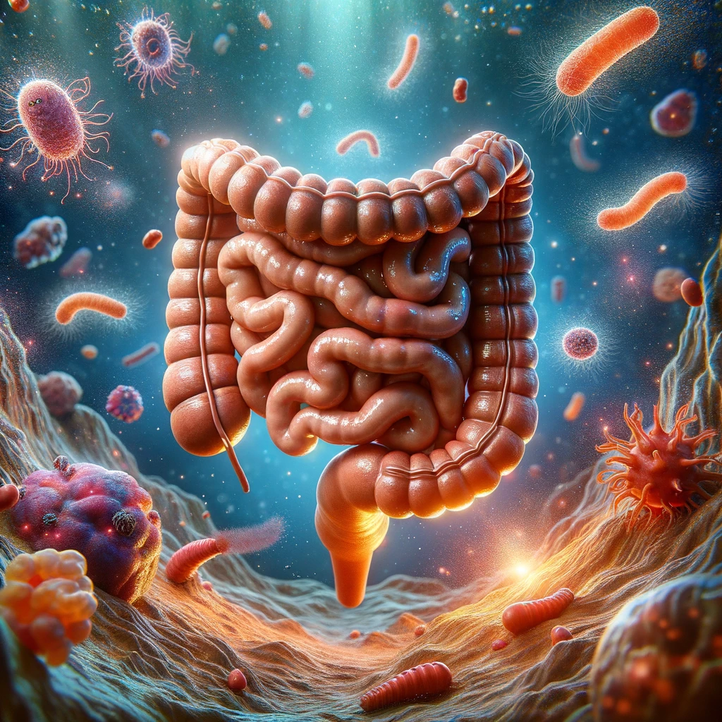 intestino umano realistico con batteri e parassiti che gli fluttuano intorno, iperrealistico 4k emoji