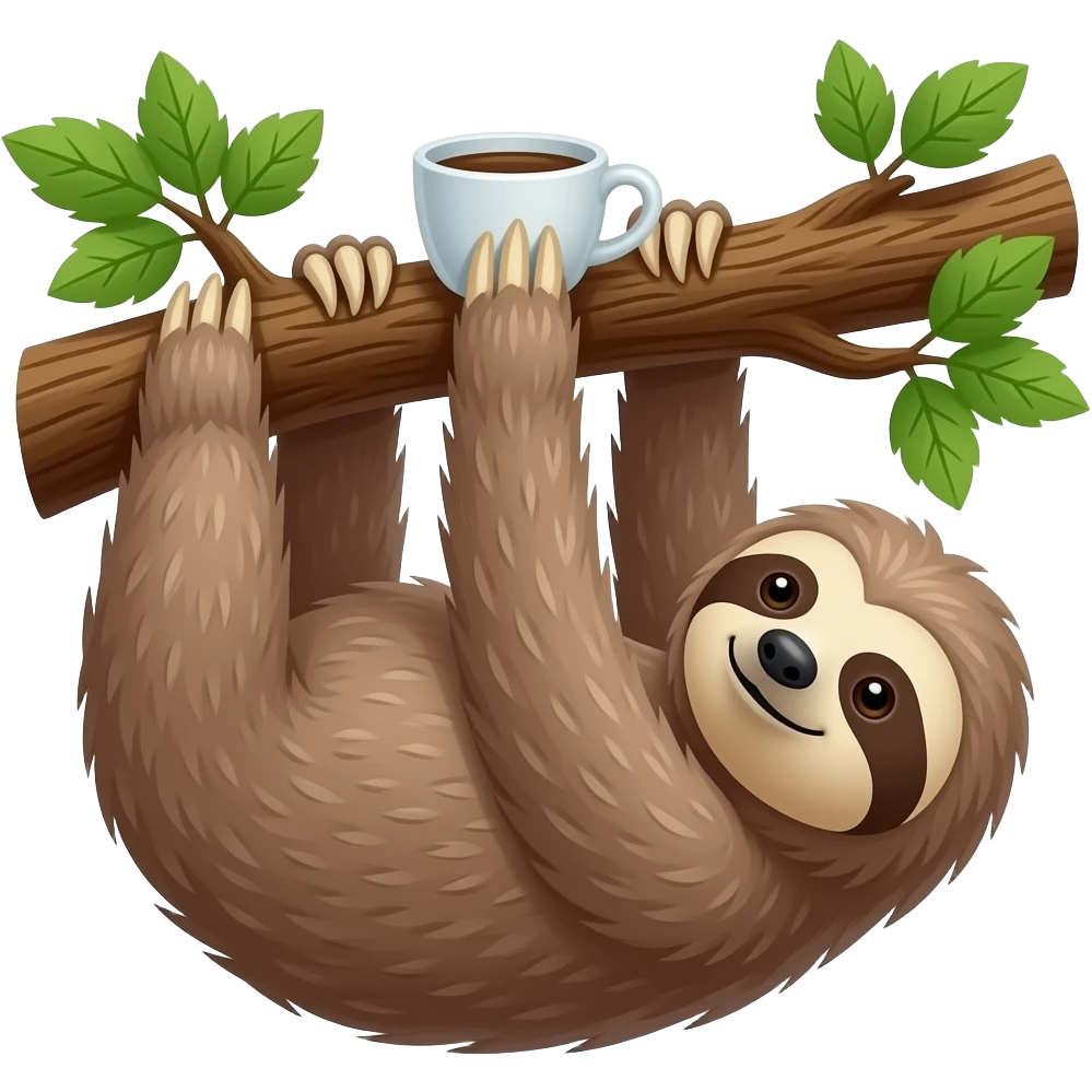 sloth morning coffee big tree branch hanging emoji
